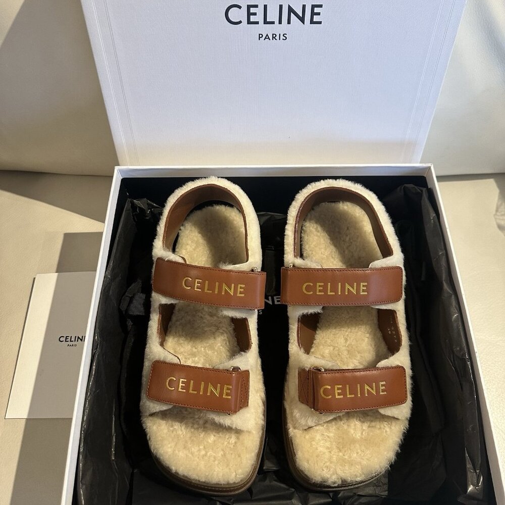 NEW Celine Leo Scratch Sandal Shearling Fur Tan Logo Strap Platform Flat 39 - Picture 3 of 11